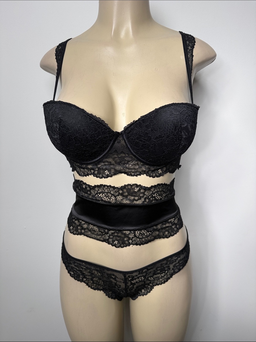 Fashion Nova Black Lace Longline Bra and Lace Bikini Set